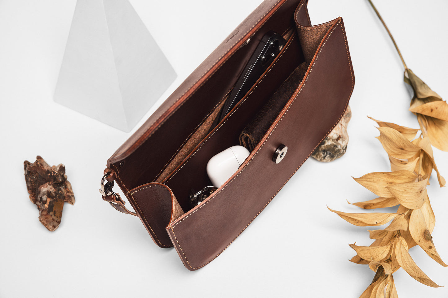 Leather Handbag Model Baguette with Two Straps – Cognac