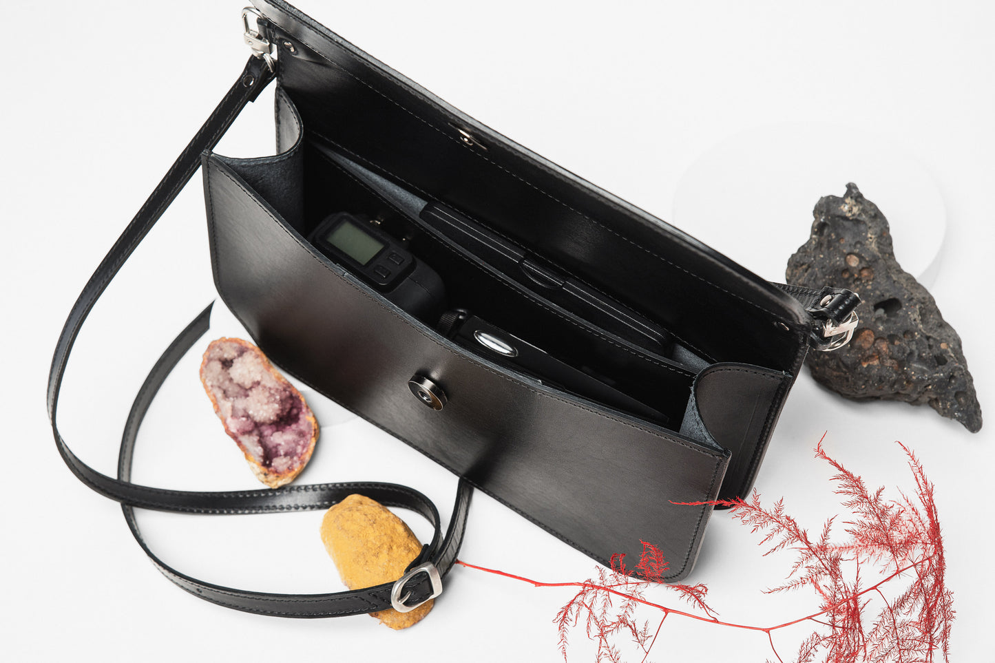 Leather Handbag Model Baguette with Two Straps – Black