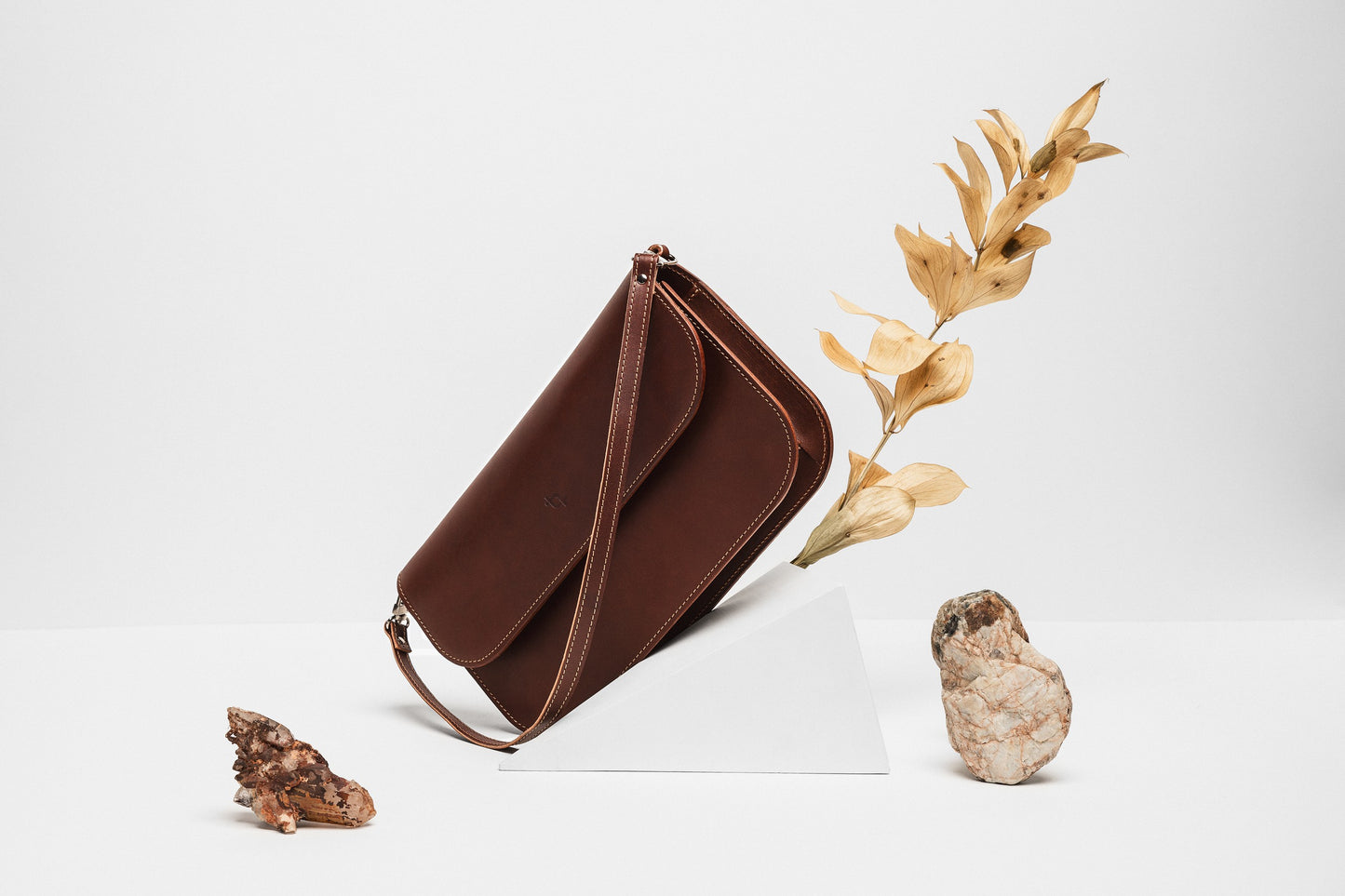 Leather Handbag Model Baguette with Two Straps - Cognac