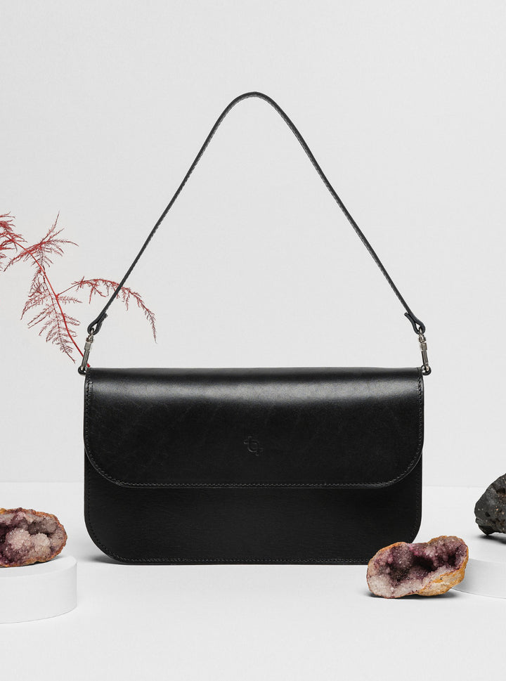 Leather Handbag Model Baguette with Two Straps – Black