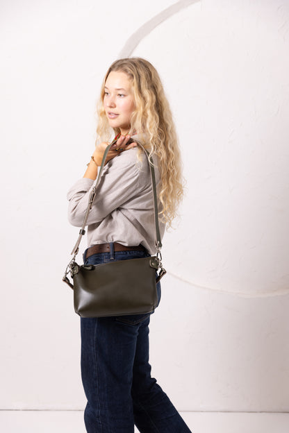 TOMMY Leather Bag with Two Handles – Dark Olive